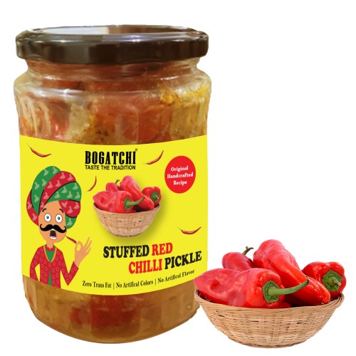 BOGATCHI Stuffed Red Chilli Pickle | Real Taste | Handcrafted Original Pickle | Achar Pickle | No Preservatives | No Artificial Color | No Artificial Flavor | Natural Ingredients | 500g